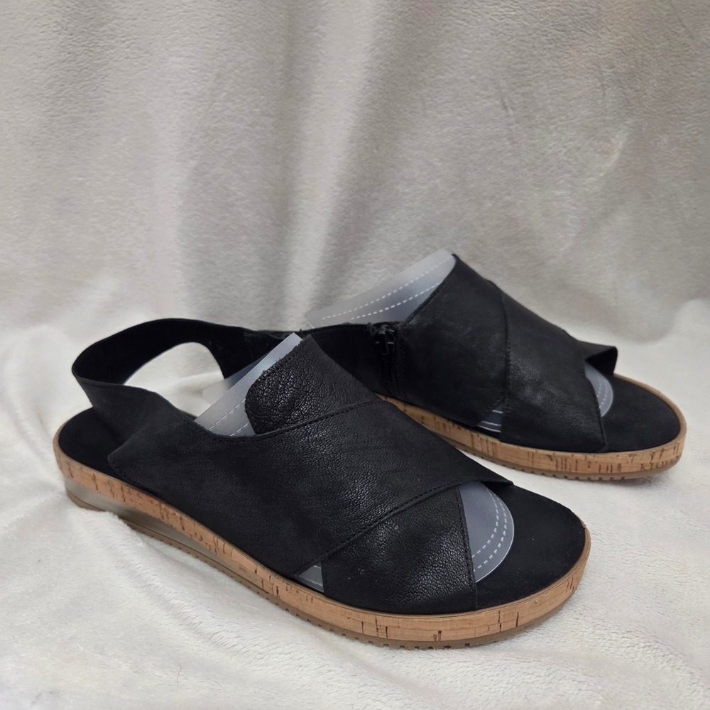Made in Italy Black Leather Crossover Slingback Sandals Womens 7 M Cork Flat